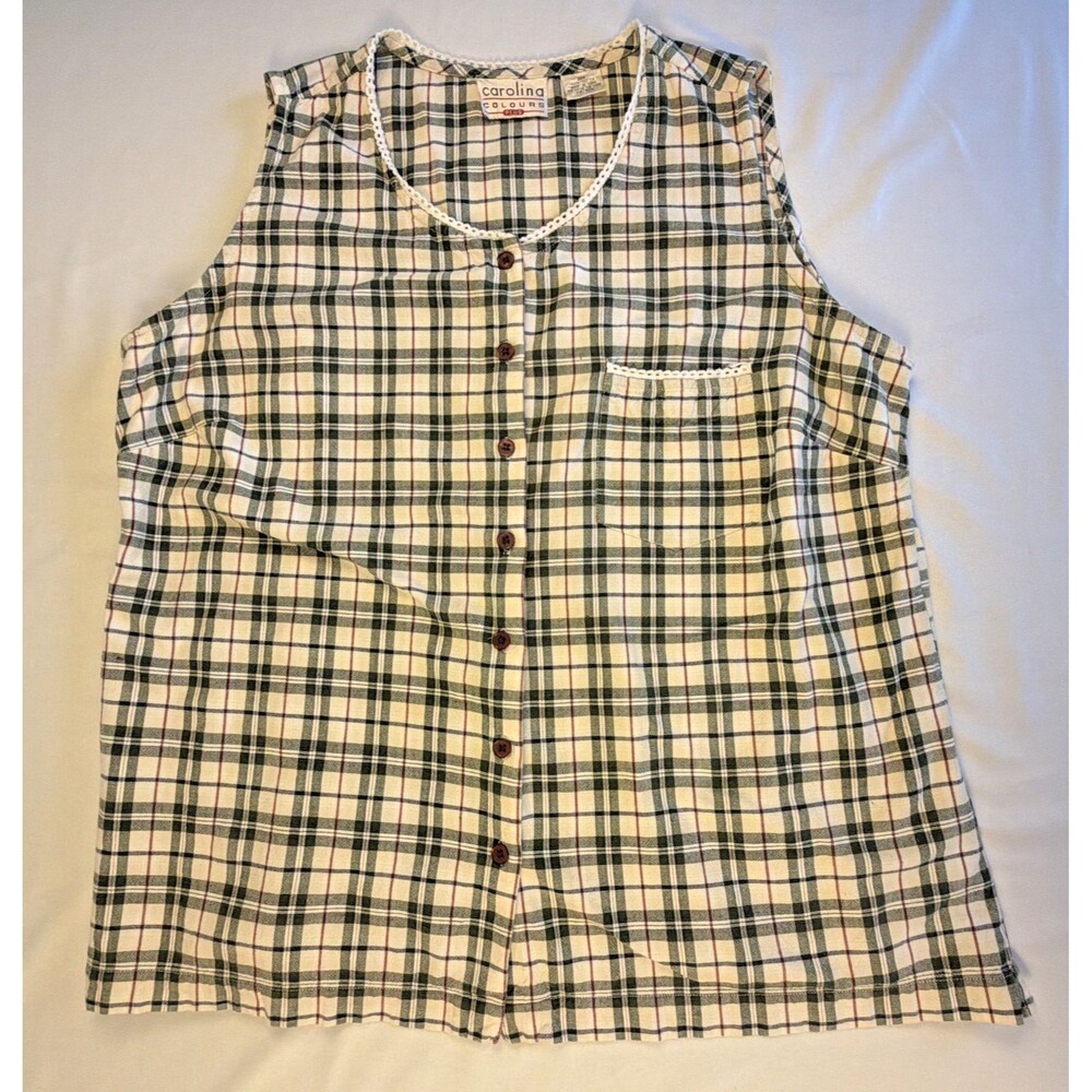 Vtg 90s Carolina Colours Plaid Blouse Lace Trim Cottage Grandma Farm Earthy 20W